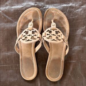 Tory Burch Tan Leather Logo Thong Sandals